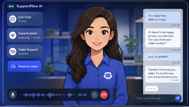 2D AI support avatar handling chat, voice, and video